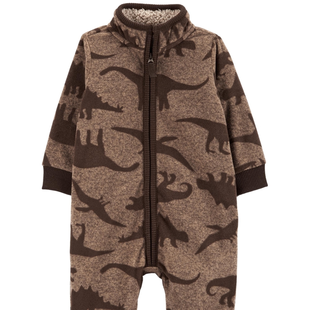 Carter's Brown & Blue Dinosaur Print Fleece One-Piece Bodysuits